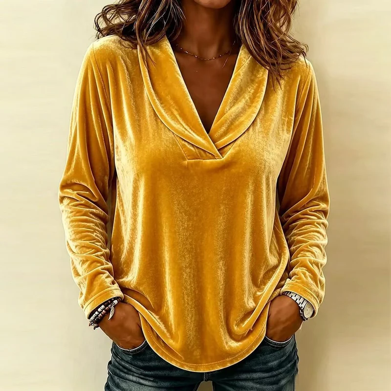 Damen Velours-Longsleeve mit tiefem Schalkragen und gerundetem Saum Drune