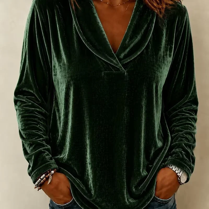 Damen Velours-Longsleeve mit tiefem Schalkragen und gerundetem Saum Drune