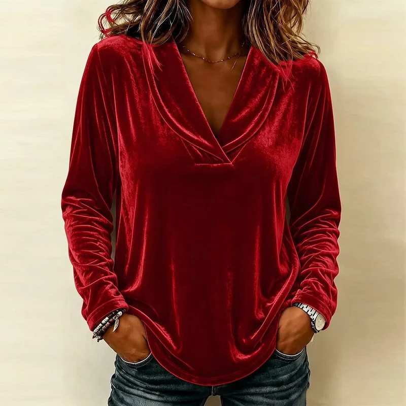 Damen Velours-Longsleeve mit tiefem Schalkragen und gerundetem Saum Drune
