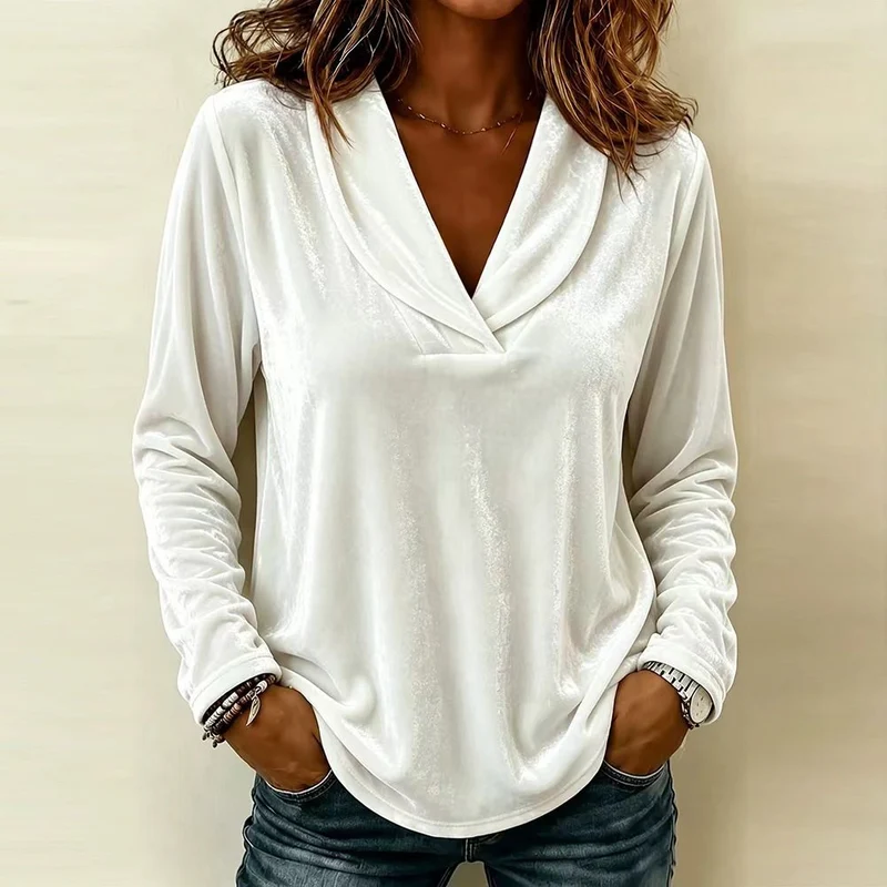 Damen Velours-Longsleeve mit tiefem Schalkragen und gerundetem Saum Drune