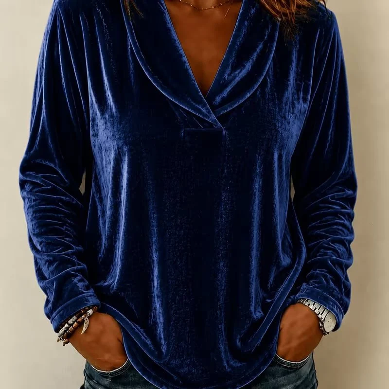Damen Velours-Longsleeve mit tiefem Schalkragen und gerundetem Saum Drune