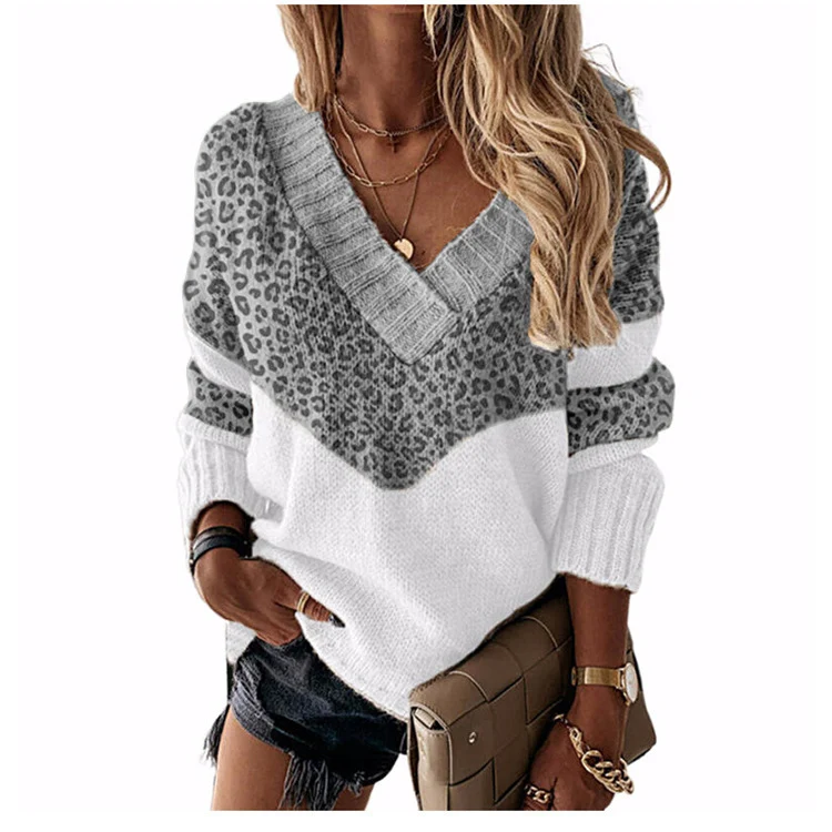 Damen V‑Ausschnitt Strickpullover mit Leo‑Print und Colorblock‑Design Drune