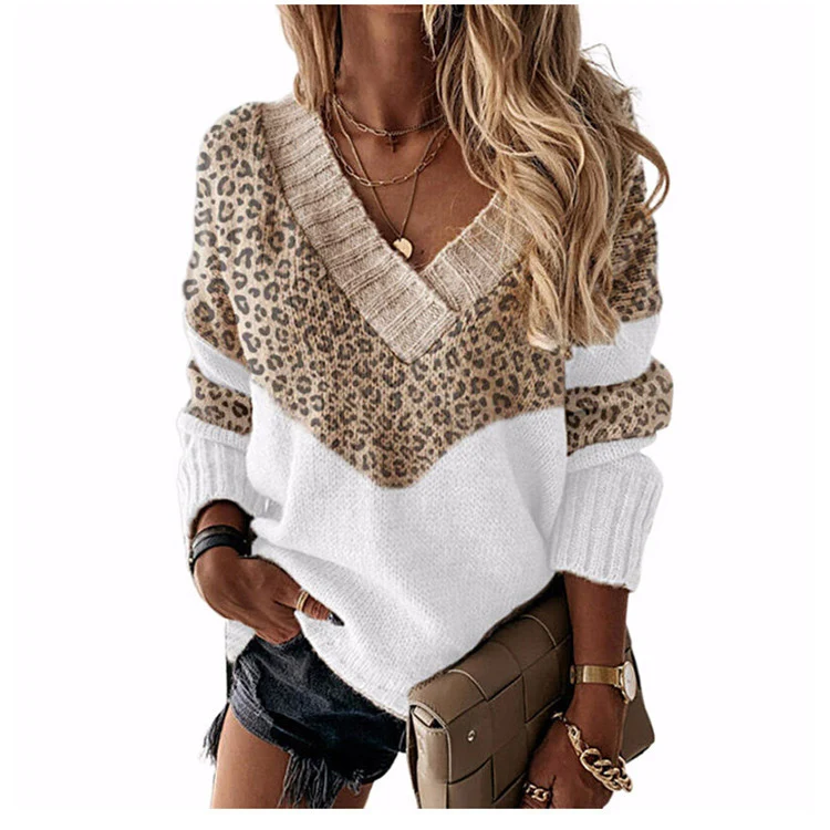 Damen V‑Ausschnitt Strickpullover mit Leo‑Print und Colorblock‑Design Drune