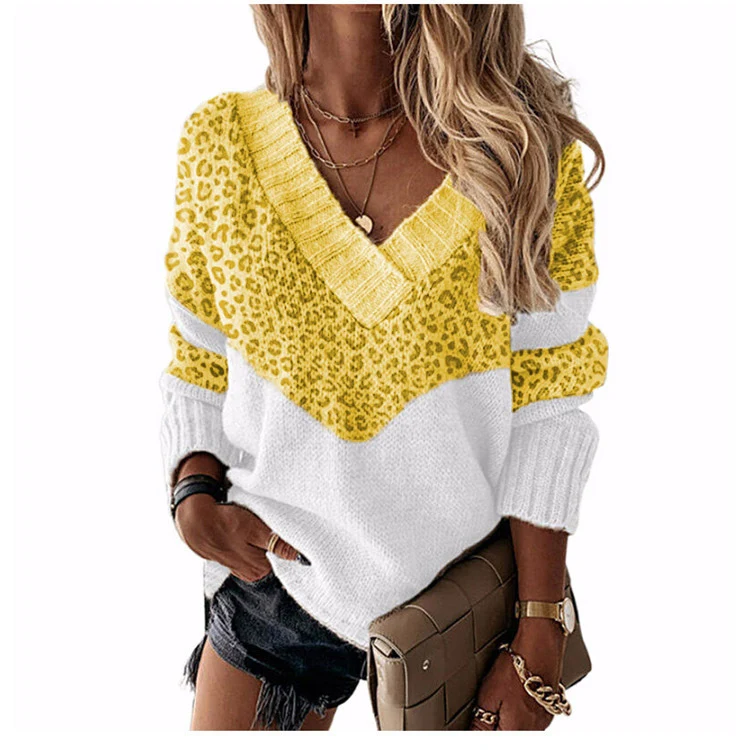 Damen V‑Ausschnitt Strickpullover mit Leo‑Print und Colorblock‑Design Drune