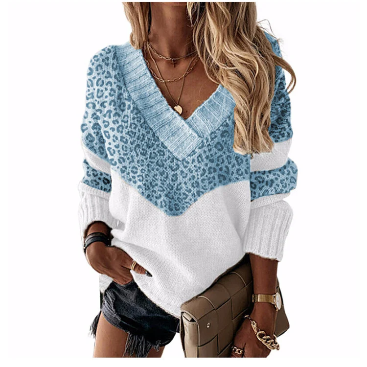 Damen V‑Ausschnitt Strickpullover mit Leo‑Print und Colorblock‑Design Drune