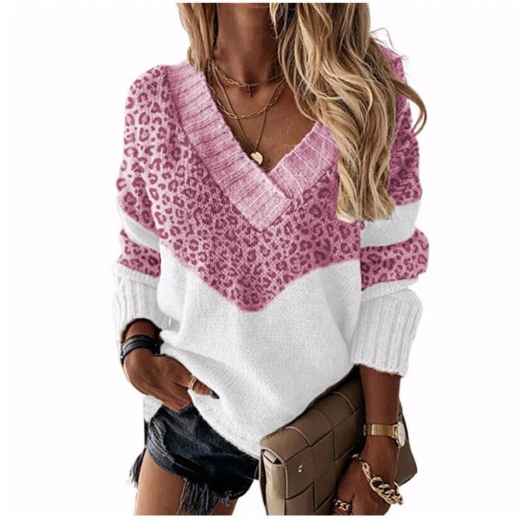 Damen V‑Ausschnitt Strickpullover mit Leo‑Print und Colorblock‑Design Drune