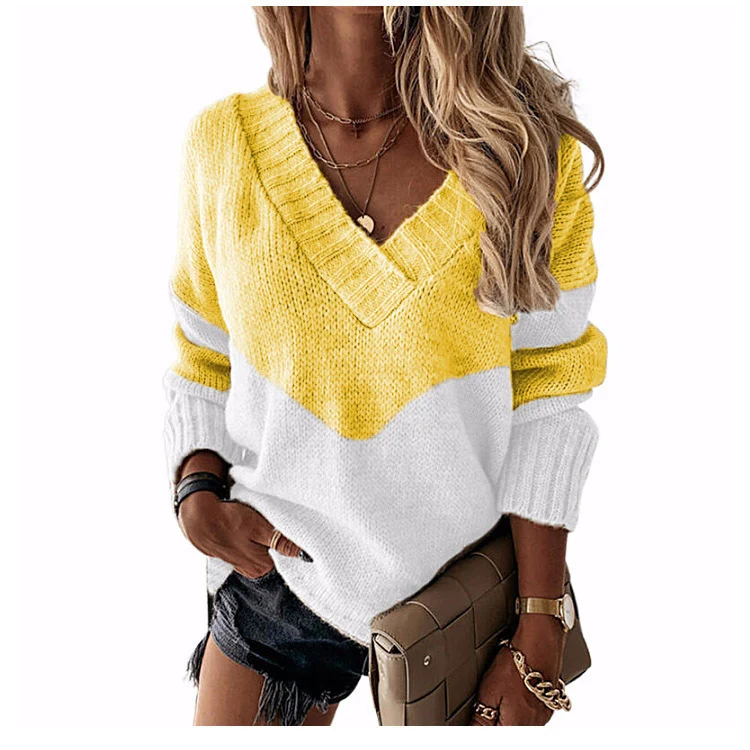 Damen V‑Ausschnitt Strickpullover mit Leo‑Print und Colorblock‑Design Drune