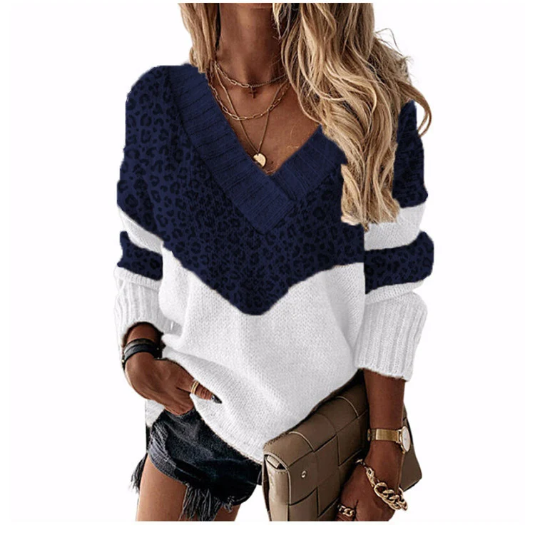 Damen V‑Ausschnitt Strickpullover mit Leo‑Print und Colorblock‑Design Drune
