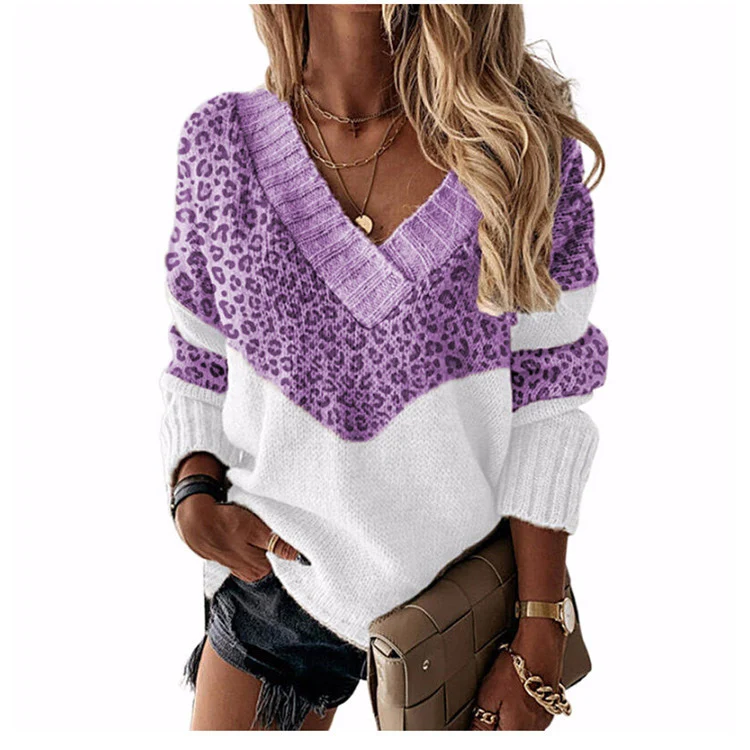 Damen V‑Ausschnitt Strickpullover mit Leo‑Print und Colorblock‑Design Drune