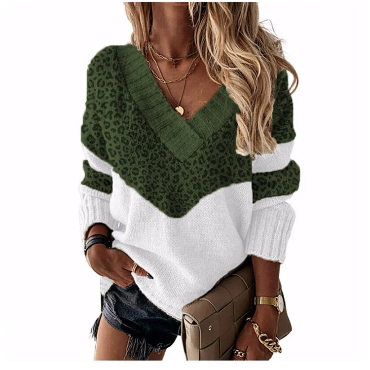 Damen V‑Ausschnitt Strickpullover mit Leo‑Print und Colorblock‑Design Drune