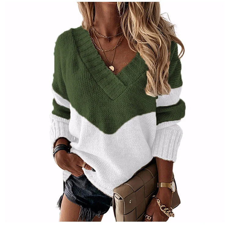 Damen V‑Ausschnitt Strickpullover mit Leo‑Print und Colorblock‑Design Drune