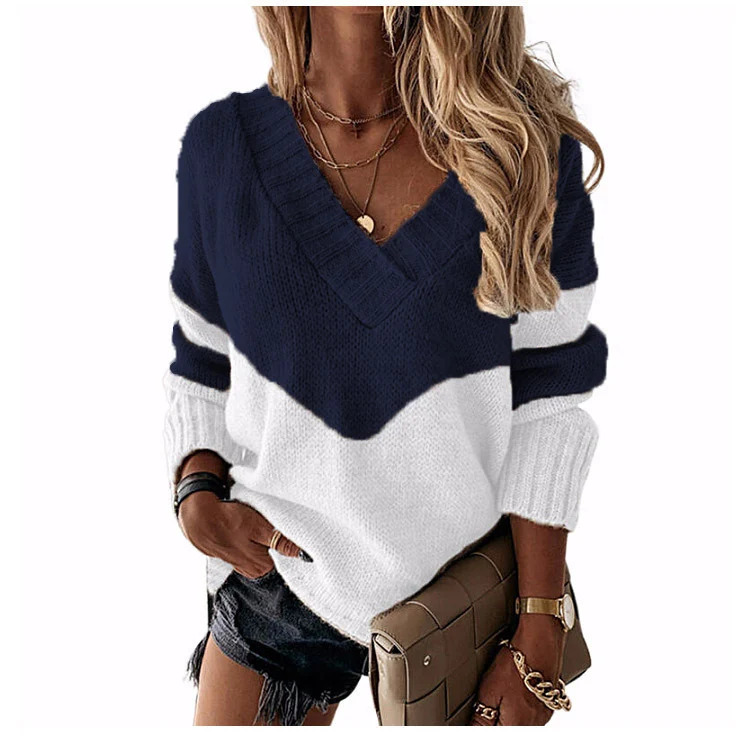 Damen V‑Ausschnitt Strickpullover mit Leo‑Print und Colorblock‑Design Drune