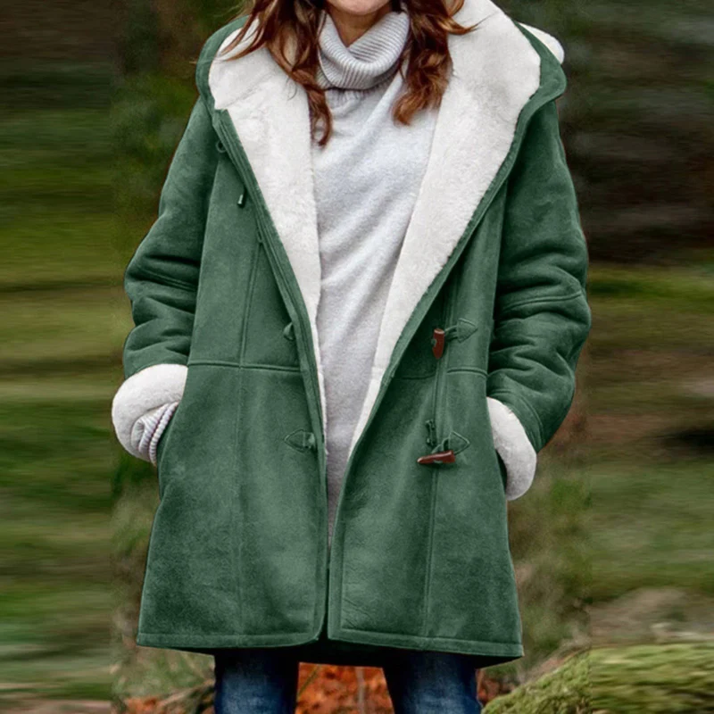 Damen Teddygefütterter Dufflecoat mit Kapuze, Kunstfell-Innenfutter und Knebelverschlüssen Drune
