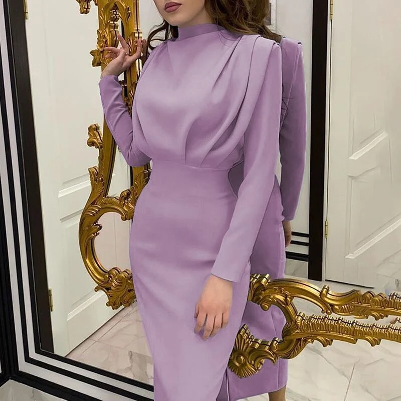 Damen Tailliertes Midikleid mit Drapierung am Oberteil und Stehkragen Drune