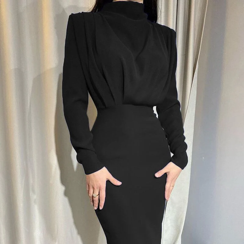 Damen Tailliertes Midikleid mit Drapierung am Oberteil und Stehkragen Drune