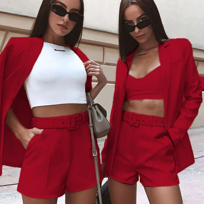 Damen Taillierter Longline-Blazer mit hochtaillierten Gürtelshorts-Set Drune
