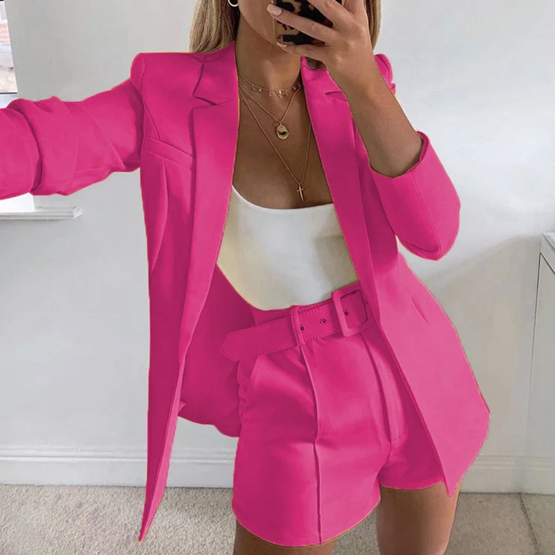 Damen Taillierter Longline-Blazer mit hochtaillierten Gürtelshorts-Set Drune