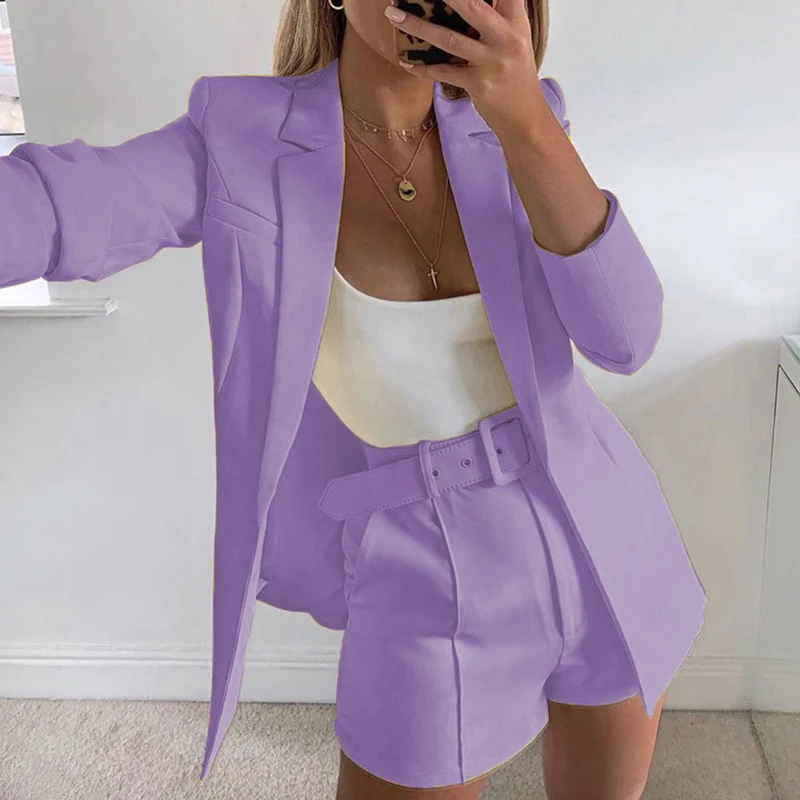 Damen Taillierter Longline-Blazer mit hochtaillierten Gürtelshorts-Set Drune