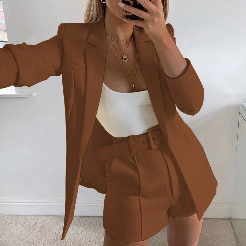 Damen Taillierter Longline-Blazer mit hochtaillierten Gürtelshorts-Set Drune