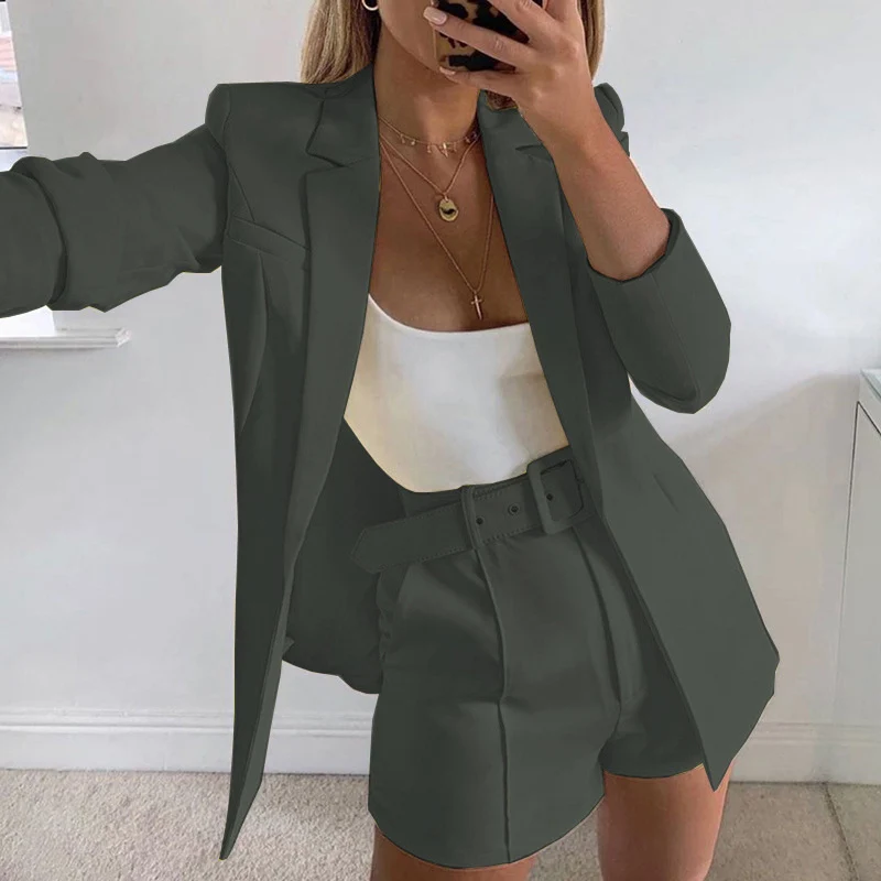 Damen Taillierter Longline-Blazer mit hochtaillierten Gürtelshorts-Set Drune