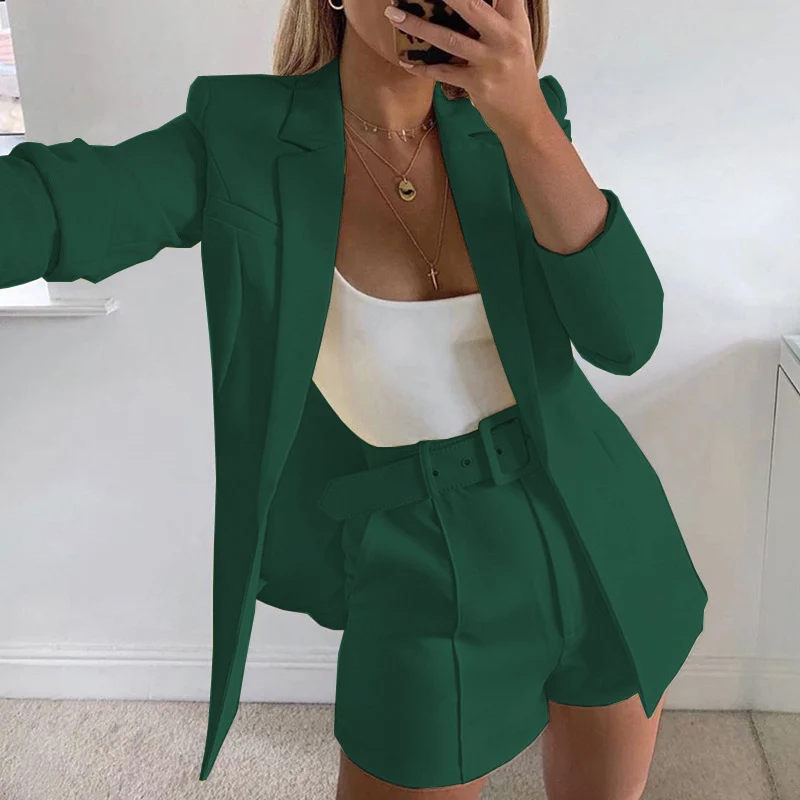 Damen Taillierter Longline-Blazer mit hochtaillierten Gürtelshorts-Set Drune