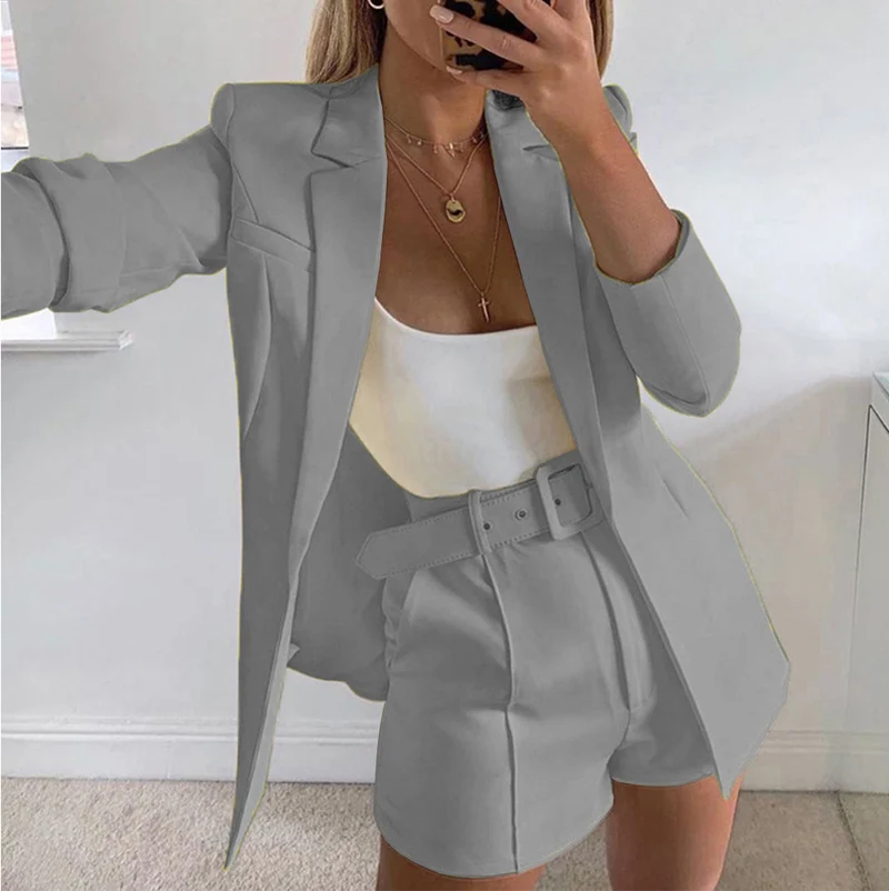 Damen Taillierter Longline-Blazer mit hochtaillierten Gürtelshorts-Set Drune
