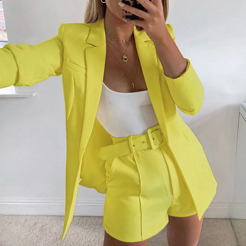 Damen Taillierter Longline-Blazer mit hochtaillierten Gürtelshorts-Set Drune