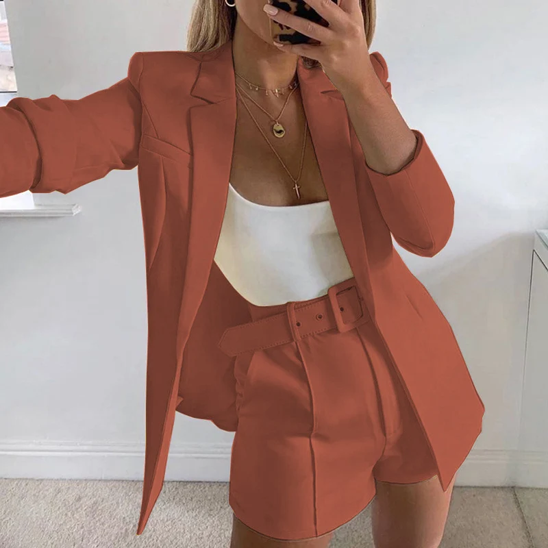Damen Taillierter Longline-Blazer mit hochtaillierten Gürtelshorts-Set Drune