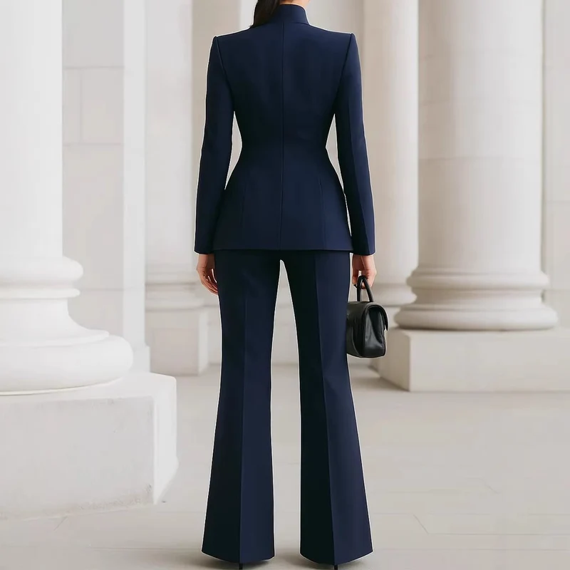 Damen Taillierter Blazer mit Stehkragen und High‑Waist ausgestellte Hose Drune