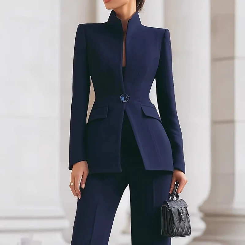 Damen Taillierter Blazer mit Stehkragen und High‑Waist ausgestellte Hose Drune