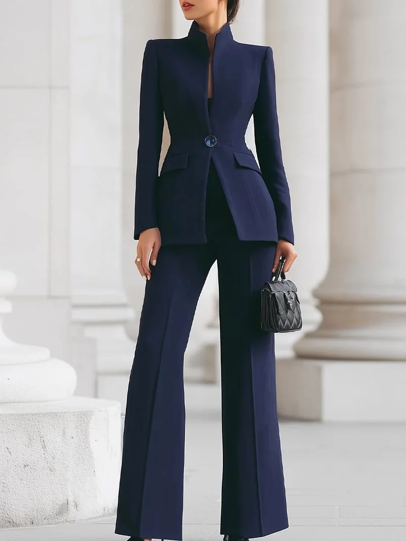 Damen Taillierter Blazer mit Stehkragen und High‑Waist ausgestellte Hose Drune