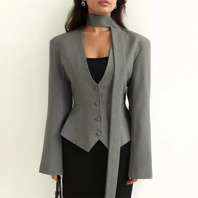 Damen Taillierter Blazer mit Bindeschal und figurbetonter Weste Drune