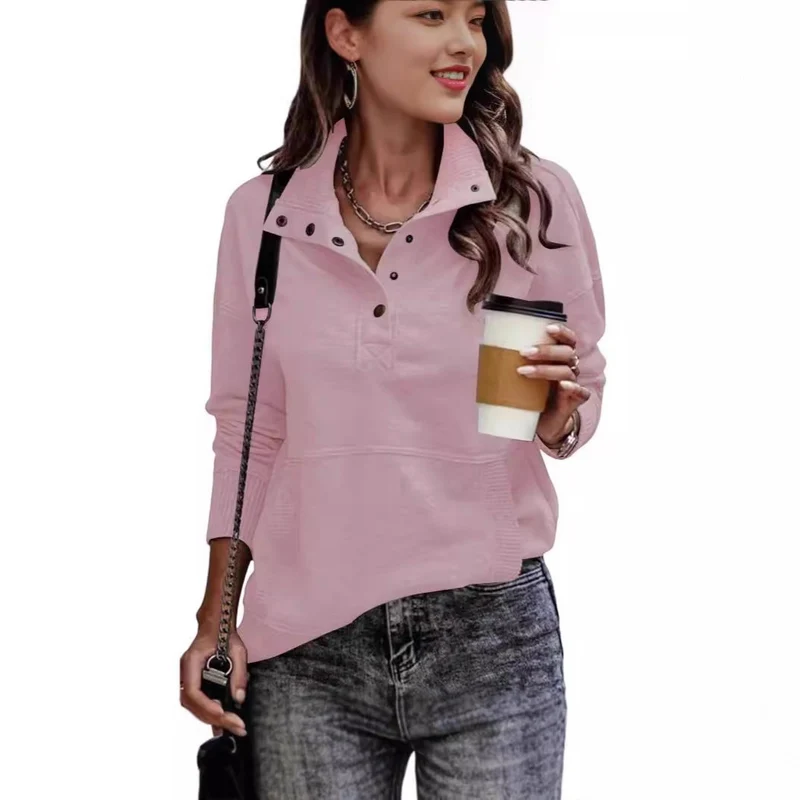 Damen Sweatpullover mit Stehkragen-Knopfleiste und Kängurutasche Drune