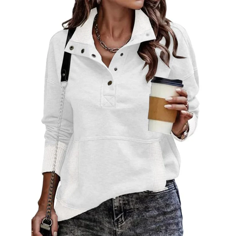 Damen Sweatpullover mit Stehkragen-Knopfleiste und Kängurutasche Drune