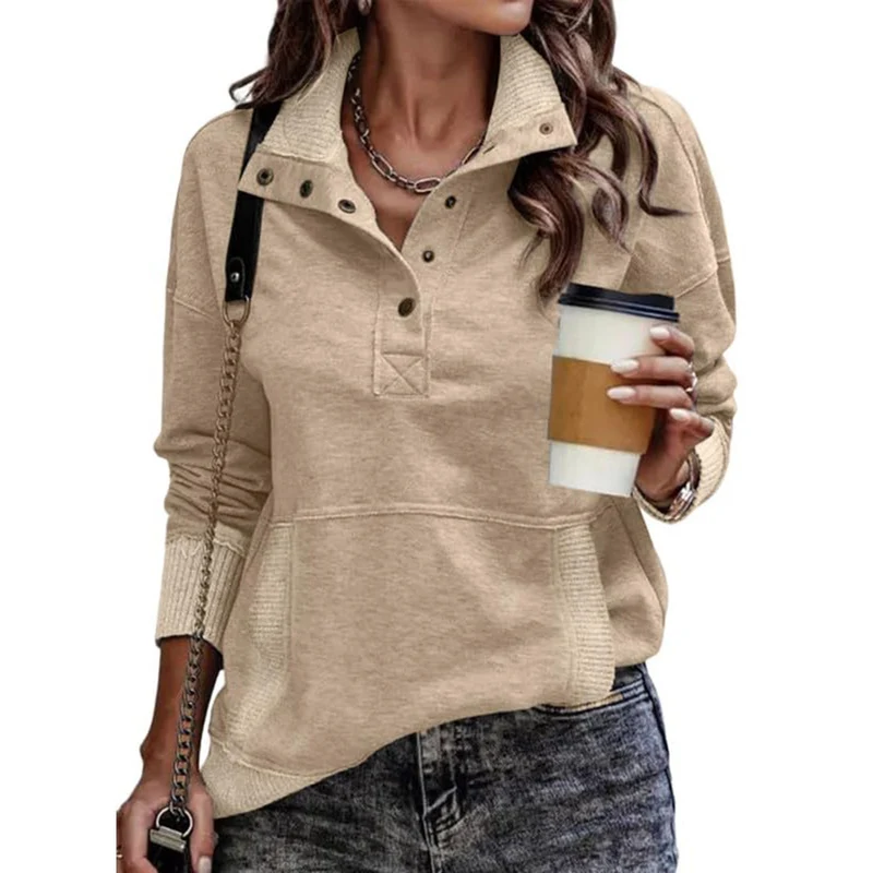 Damen Sweatpullover mit Stehkragen-Knopfleiste und Kängurutasche Drune