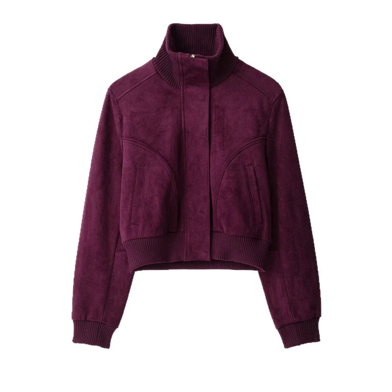 Damen Kurze Velours‑Optik‑Bomberjacke mit hohem Rippstehkragen und verdecktem Reißverschluss Drune