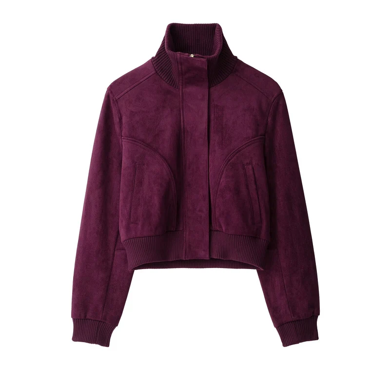 Damen Kurze Velours‑Optik‑Bomberjacke mit hohem Rippstehkragen und verdecktem Reißverschluss Drune