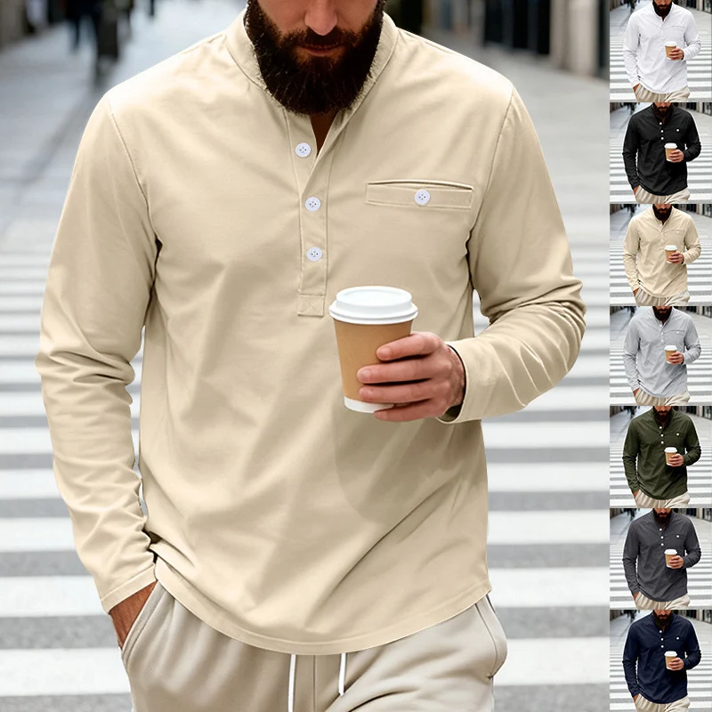 Herren Lässiges Henley-Langarmshirt mit Stehkragen, Brusttasche und abgerundetem Saum Drune