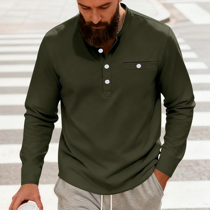 Herren Lässiges Henley-Langarmshirt mit Stehkragen, Brusttasche und abgerundetem Saum Drune