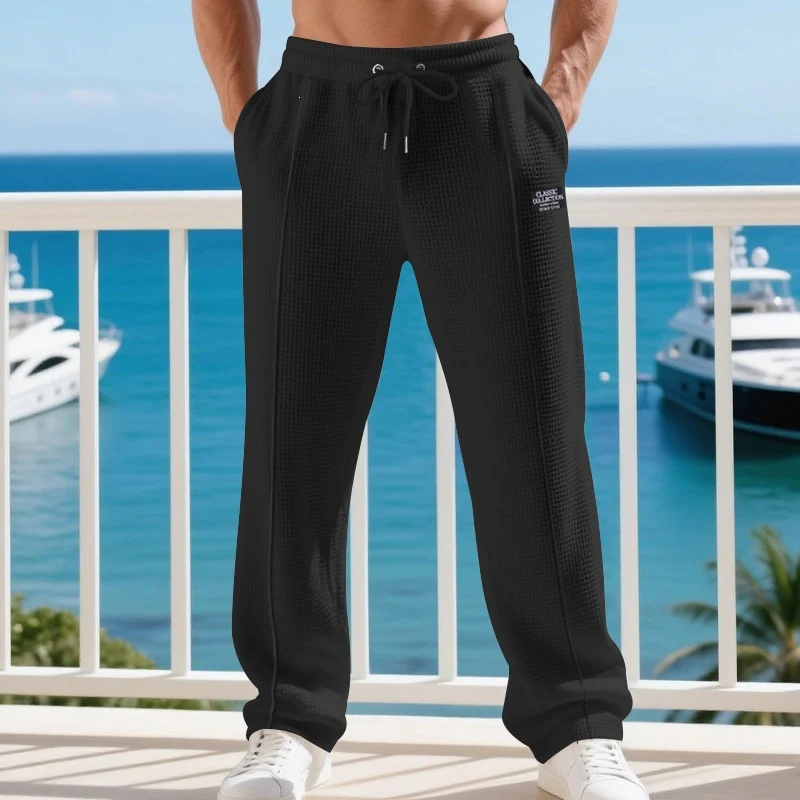 Herren Lässige Waffelstrick-Freizeithose mit Tunnelzug und Seitentaschen Drune