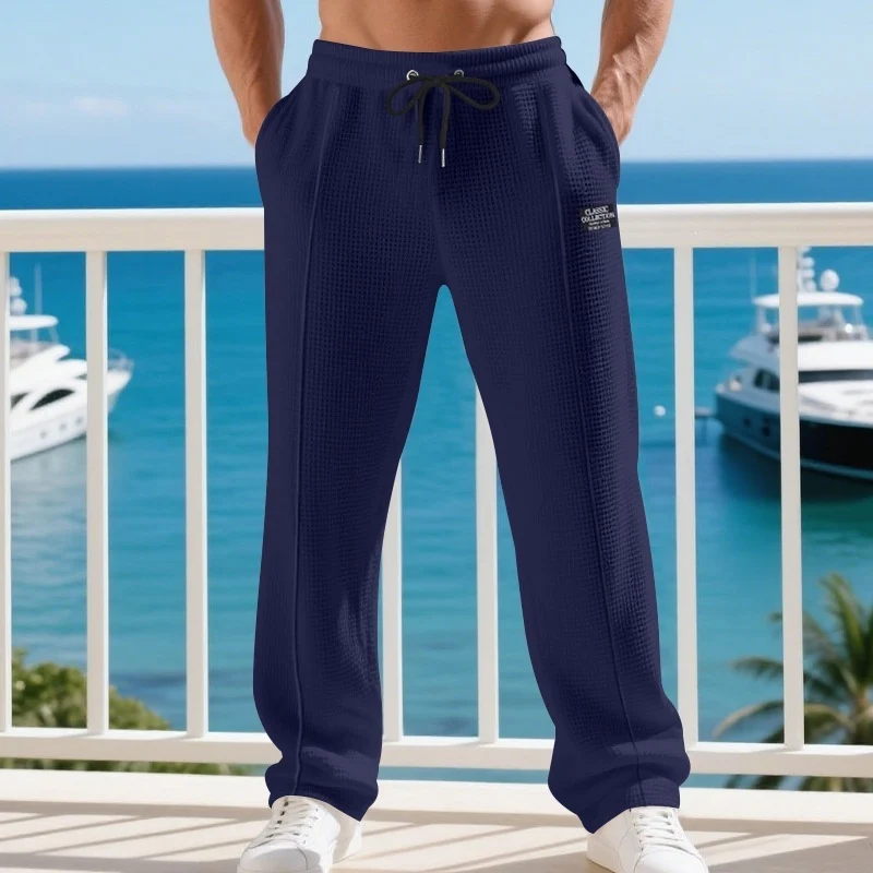 Herren Lässige Waffelstrick-Freizeithose mit Tunnelzug und Seitentaschen Drune