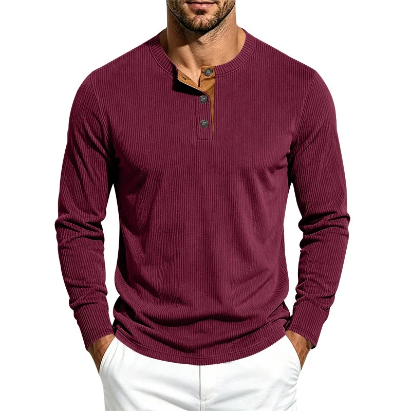 Herren Langärmeliges Rippstrick-Henley-Shirt mit Knopfleiste und Rundhalskragen Drune