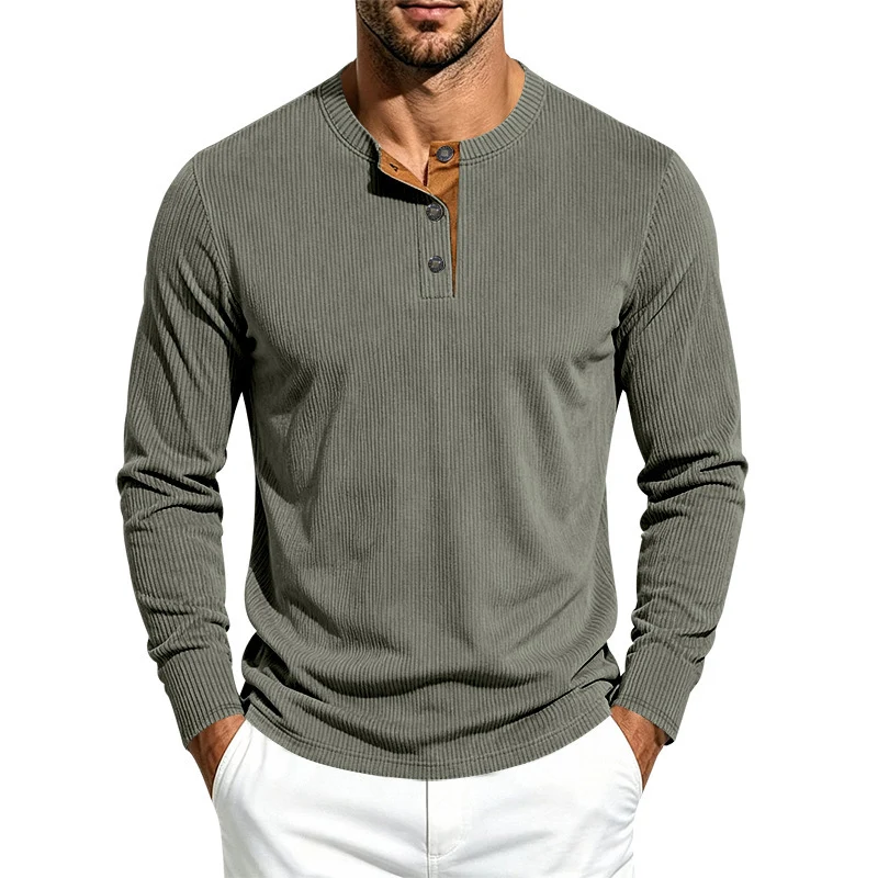 Herren Langärmeliges Rippstrick-Henley-Shirt mit Knopfleiste und Rundhalskragen Drune