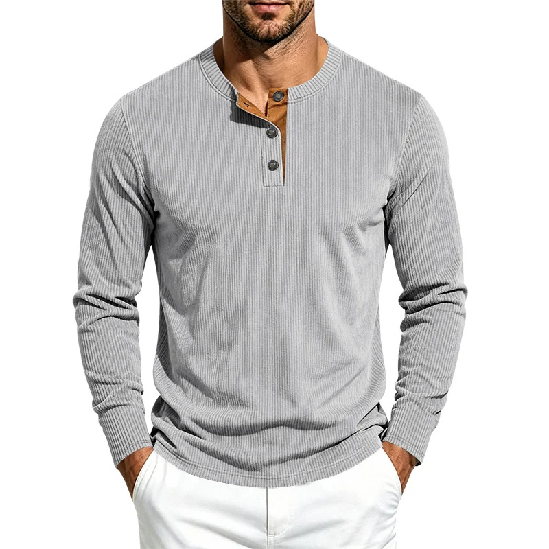 Herren Langärmeliges Rippstrick-Henley-Shirt mit Knopfleiste und Rundhalskragen Drune