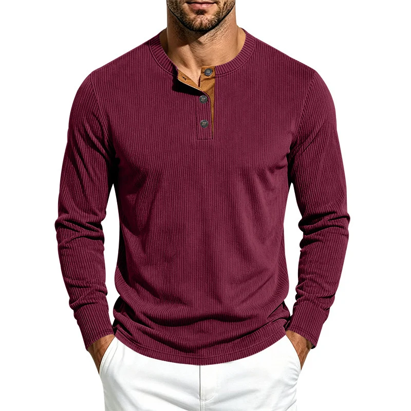 Herren Langärmeliges Rippstrick-Henley-Shirt mit Knopfleiste und Rundhalskragen Drune