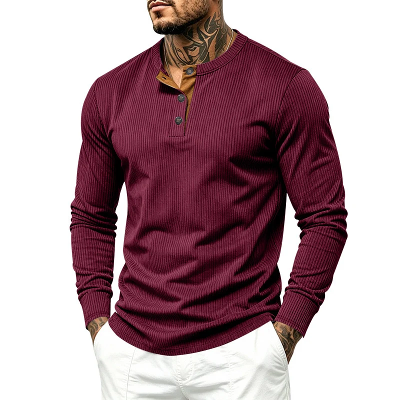 Herren Langärmeliges Rippstrick-Henley-Shirt mit Knopfleiste und Rundhalskragen Drune