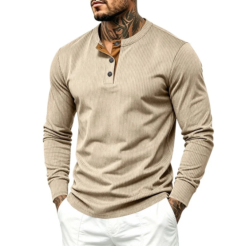 Herren Langärmeliges Rippstrick-Henley-Shirt mit Knopfleiste und Rundhalskragen Drune