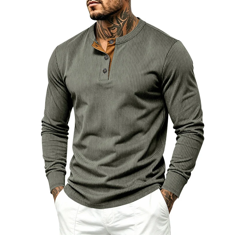 Herren Langärmeliges Rippstrick-Henley-Shirt mit Knopfleiste und Rundhalskragen Drune
