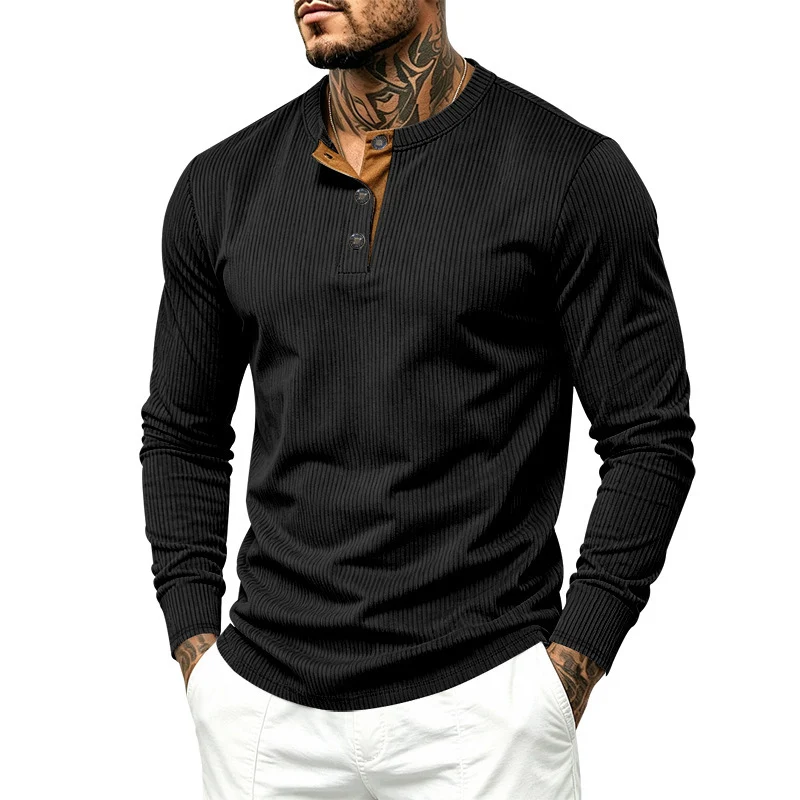 Herren Langärmeliges Rippstrick-Henley-Shirt mit Knopfleiste und Rundhalskragen Drune