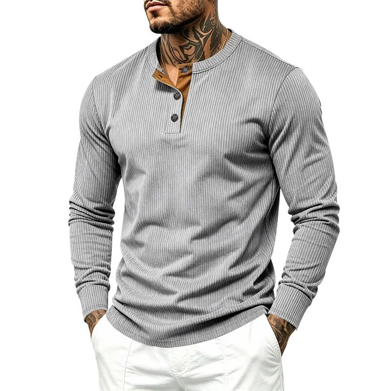 Herren Langärmeliges Rippstrick-Henley-Shirt mit Knopfleiste und Rundhalskragen Drune